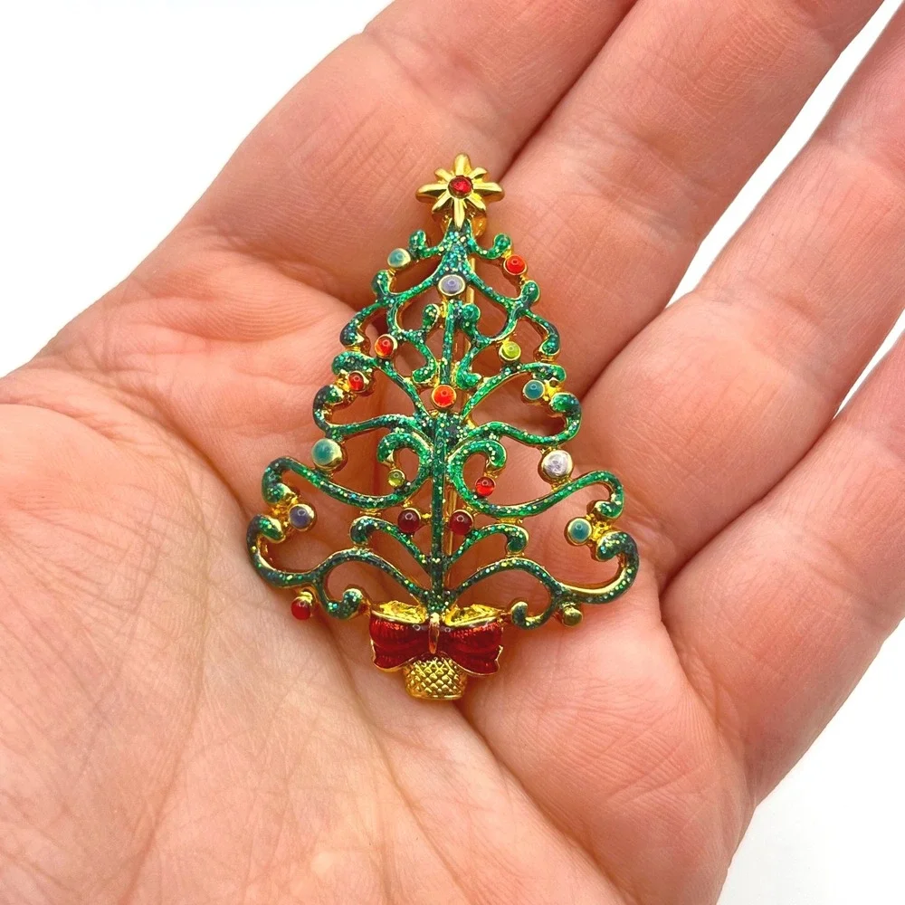 Christopher Radko Christmas Tree Brooch Gold Tone Green Glitter Rhinestone Pin - Picture 1 of 5